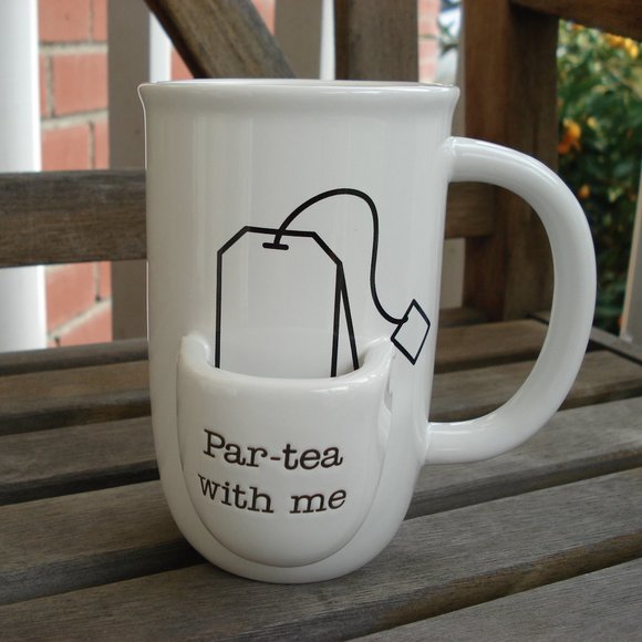 Par-Tea with me = White Tea Mug Walgreens With Tea Bag Holder - Picture 1 of 5